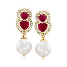 Ross-Simons - 9.5-10mm Cultured Pearl, 2.70ct t. w. Ruby Heart Drop Earrings, .30ct t. w. White Topaz Over. An RS exclusive. Classically lovely with a traditional look, these pretty drop earrings boast 9.5-10mm cultured freshwater pearls dangling from rich heart-shaped rubies totaling 2.70 carats. Finely crafted in polished 18kt yellow gold over sterling silver and bordered by .30 ct. t. w. white topaz rounds. Hanging length is 1". Post/clutch, white topaz, ruby and white pearl drop earrings. Pe Elegant Heart Gemstone Earrings For Valentine's Day, Elegant Gemstone Heart Drop Earrings, Elegant Gemstone Heart Earrings For Wedding, Valentine's Day Pearl Drop Earrings For Anniversary, Valentine's Day Anniversary Pearl Drop Earrings, Elegant Gemstone Heart Earrings For Formal Occasions, Elegant Formal Heart Gemstone Earrings, Proverb 31, Ruby Heart