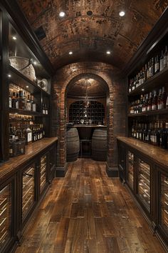 a wine cellar with wooden floors and shelves filled with bottles