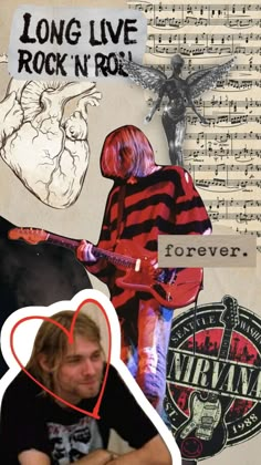 the collage has many different pictures and words on it, including an image of a man with a guitar