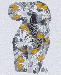 the koi fish is surrounded by white and yellow flowers