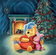 winnie the pooh and piglet sitting in front of a christmas tree with a fireplace