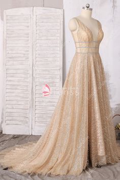 Gold V-neck Evening Dress With Sweep Train, Gold Sparkling Evening Dress For Prom, Gold Gown With Fitted Bodice For Pageant, Gold Sparkling Gown For Gala, Gold V-neck Evening Dress For Prom, Gold Backless Evening Dress For Wedding, Gold Shimmer Evening Dress For Prom, Gold Sparkling Gown For Prom Season, V-neck Glitter Evening Dress For Wedding