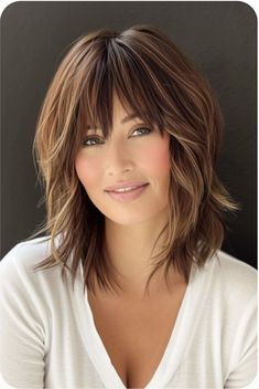 Shoulder Length Hair With A Fringe, Long Bob Over 50, Short Haircut With Fringe, Shoulder Length Shag With Bangs, Layered Bob With Fringe, Caramel Hair Color Ideas, Caramel Hair Color, Lob Haircuts