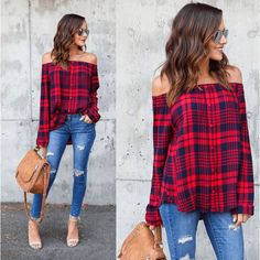 Perfection! -- Spring Summer Fall Winter Fashion. www.psiloveyoumoreboutique.com Cute Red Fall Tops, Cute Long Sleeve Red Blouse, Cute Red Long Sleeve Blouse, Long Sleeve Loose Blouse, Casual Plaid Shirt, Off Shoulder Shirt, Casual Long Sleeve Shirts, Plaid Top, Plaid Blouse