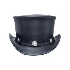 Description - Brim 2" Crown 4 1/2" - Removable Sweatband - Cowhide Leather - Featherweight Our most modest Voodoo Hatter top hat. With a 4½'' tall crown and simple Buffalo nickel style band, the El Dorado leather top hat can easily be dressed up or down. The luster of it's full-grain, smooth leather is complemented by a shapeable wire brim for a personalized attitude adjustment. Sizing Info Brim 2" Crown 4 1/2" For detailed sizing info, click here to watch a short, informative video. We offer FR Leather Top Hat, American Hat Makers, Black Top Hat, Black Leather Top, Pu Leather Bag, Buffalo Nickel, Leather Hats, Quality Hats, Mens Leather