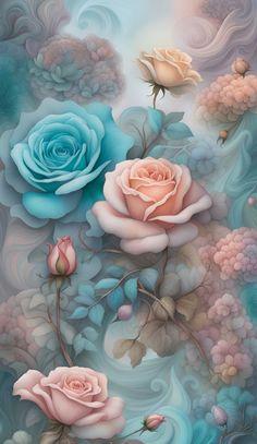 an artistic painting with blue and pink roses