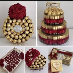 many different types of chocolates and flowers on display with red ribbon around the edges