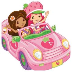 two girls riding in a pink car with strawberries on the roof and one waving