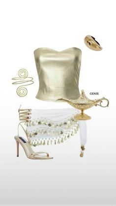 a woman's outfit and accessories are shown in gold