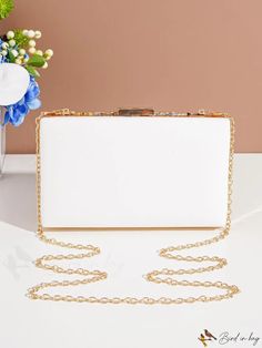 BirdinBag - Rhinestone-Embellished Evening Clutch - Elegant Contrasting Colors White Rectangular Bag With Rhinestones, White Rectangular Bags With Rhinestones, White Rectangular Evening Bag With Rhinestones, Chain Pattern, Box Bag, Evening Clutch, Gold Details, Contrasting Colors, Vibrant Colors