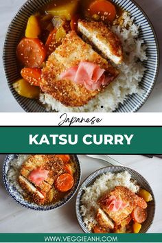 two plates filled with food on top of a white tablecloth and the words japanese katsu curry