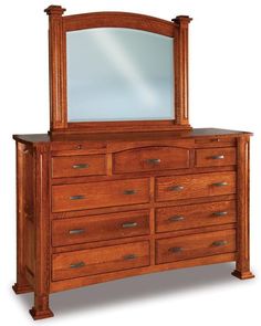 a wooden dresser with a mirror on it's top and drawers below the drawer