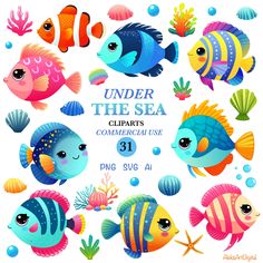 under the sea cliparts with different colored fish and corals on white background