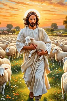 a painting of jesus holding a lamb in a field full of sheep with the sun setting behind him