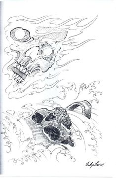 an ink drawing of a skull in the water with a fish coming out of it's mouth