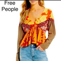 Freepeopleb56 Perfect Boho Top W.Deep V Neck ( Suggest A Cami) W/Yellow Highlight Prints+Gather In From+Back@ Waist. Shorter Uneven Hem In Front. Pix Detail More-Rayon 4 Ez Carehost Pick White Crochet Blouse, Free People Kimono, Free People Velvet, Boho Tunic Tops, Free People Blouse, Lace Top Long Sleeve, Crop Top Blouse, Crop Blouse, Boho Blouses