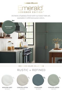 the color scheme for this kitchen is green and has white, gray, and gold accents