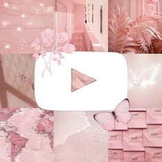 a collage of pink and white images with butterflies, flowers, and other things