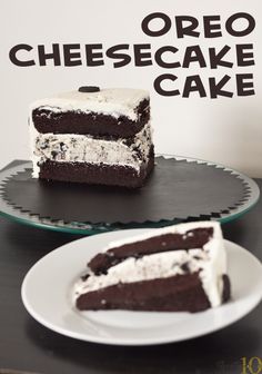 two slices of chocolate cake with white frosting on plates next to each other,