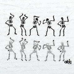 the dancing skeletons are drawn in different positions and sizes, including one for each skeleton