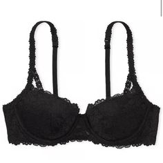 This Listing Is For The Color Pure Black Medium Lift Push-Up Padding Wide-Set Straps And Straight Cups Provide An Open Neckline High Center Underwire Lifts And Separates Structured, Underwire Cups Adjustable Straps Bow Details Hook-And-Eye Back Closure Partially Made From Recycled Materials * I Also Have One In The Color Coconut White Available In The Same Size In A Separate Listing. Black Balcony, Balconette Bra, Denim Coat Jacket, Bra Women, Lace Bralette, Lace Bra, Push Up Bra, Vs Pink, Victoria's Secret Pink