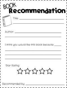 a book report with five stars and the text,'book recommendation'on it