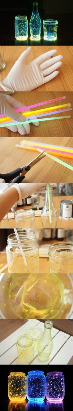 three different images show the process of making soaps with colored lights and feathers on them