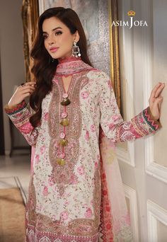 Asim Jofa AJAS-01 (3-Pcs) Asra Intermix Collection Original brand suit fabric and photography lite diffrance in actual print. Asim Jofa, Pakistani Fashion Party Wear, Traditional Indian Outfits, Embroidered Neckline, Shalwar Kameez, Suit Fabric, Pakistani Actress, Pakistani Outfits, Pakistani Fashion