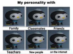 an animated penguin with four different expressions on it's face and the words, my personality