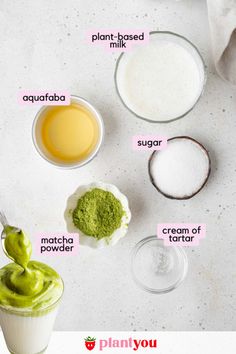 ingredients to make matcha green tea smoothie on a white background with text overlay