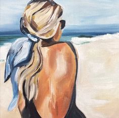 a painting of a woman on the beach looking out at the ocean with her back to the camera