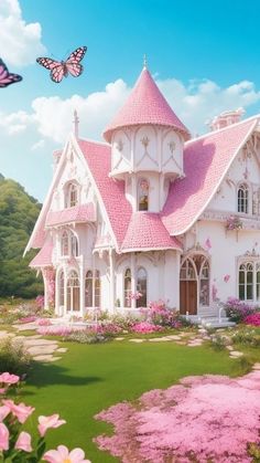 a pink and white house in the middle of some flowers with a butterfly flying over it