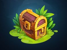 an image of a cartoon pirate chest in the grass with leaves on it's sides