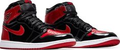 Introducing the Air Jordan 1 Retro High OG 'Patent Bred' Sneakers for Men. This iconic sneaker gets a glossy upgrade with patent leather construction and classic colorway. Experience ultimate comfort with Air-sole unit and sturdy rubber cupsole. Perfect for any sneakerhead looking to elevate their collection. Release Date: 12-30-2021 SKU: 555088 063 Designer: Peter Moore Nickname: Patent Bred Colorway: Black/White/Varsity Red Main Color: Red Upper Material: Patent Leather Technology: Air Categor Traditional Branding, Branding Elements, Classic Branding, Jordan 1 Black, Shoes Stand, Wings Logo, Air Jordan 1 Retro High Og, Air Jordan 1 Retro High, Air Jordan 6