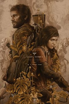 the last of us movie poster with two people standing in front of plants and flowers