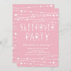 a pink sleepover party card with stars on it