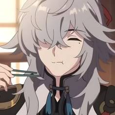 an anime character with long white hair holding scissors