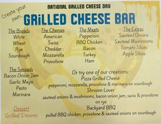 the menu for grilled cheese bar is displayed