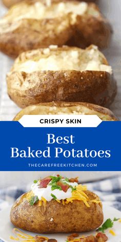 baked potatoes on a plate with text overlay that reads crispy skin best baked potatoes