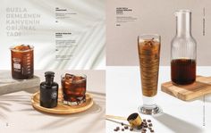 three different types of drinks on wooden trays and in glass bottles with spoons