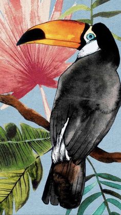 a painting of a toucan sitting on a branch with flowers in the background