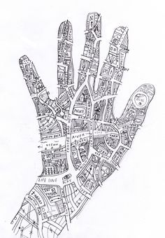 a drawing of a hand with lots of small buildings on it and lines in the middle