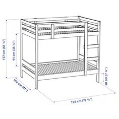 a drawing of a bunk bed with measurements for the top and bottom drawers on each side