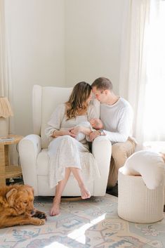 mom and dad holding newborn baby in nursery with golden retriever at their feet Newborn Photoshoot With Older Siblings, I Home Newborn Session, Newborn Photography Parents Outfits, Fresh 48 Photos At Home, Newborn Family Session At Home, Homestyle Newborn Photography, Newborn Pictures In Home, Newborn Photoshoot In Nursery, Lifestyle Newborn Photography Nursery