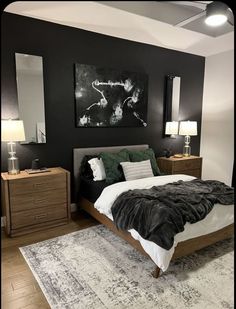 a bedroom with black walls and white carpet