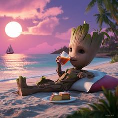 Beach Time Groots 🌱🏖️ #groot #iamgroot #babygroot Groot Pictures, Superhero Room, Beach Time, Olaf, Mood Pics