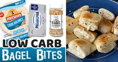 some food is on a blue plate and there are two pictures with the words low carb bagel bites