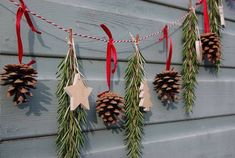 pine cones are hung on a string with red ribbon