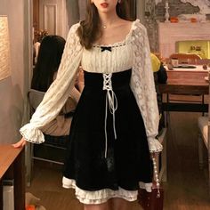 Stunning Lace Dress Super Stylish And Feminine Aesthetic Costumes, Faerie Aesthetic, Casual Kawaii, Retro Fairy, Black Fairy, Style Kawaii, Style Gothic, Dress Korean, Korean Dress