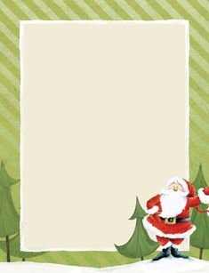 a santa clause standing in front of a green and white striped background with christmas trees